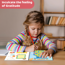 Load image into Gallery viewer, Child writing in a colorful notebook with a bookshelf in the background