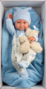 Llorens 15.7" Anatomically-Correct Newborn Doll Alejandro with Cushion and Teddy
