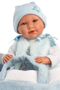 Llorens 16.5" Articulated Crying Newborn Doll Tristan with Carrycot