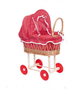Egmont Toys Wicker Stroller with Red & White Dot Fabric