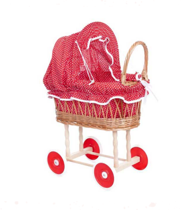 Egmont Toys Wicker Stroller with Red White Dot Fabric